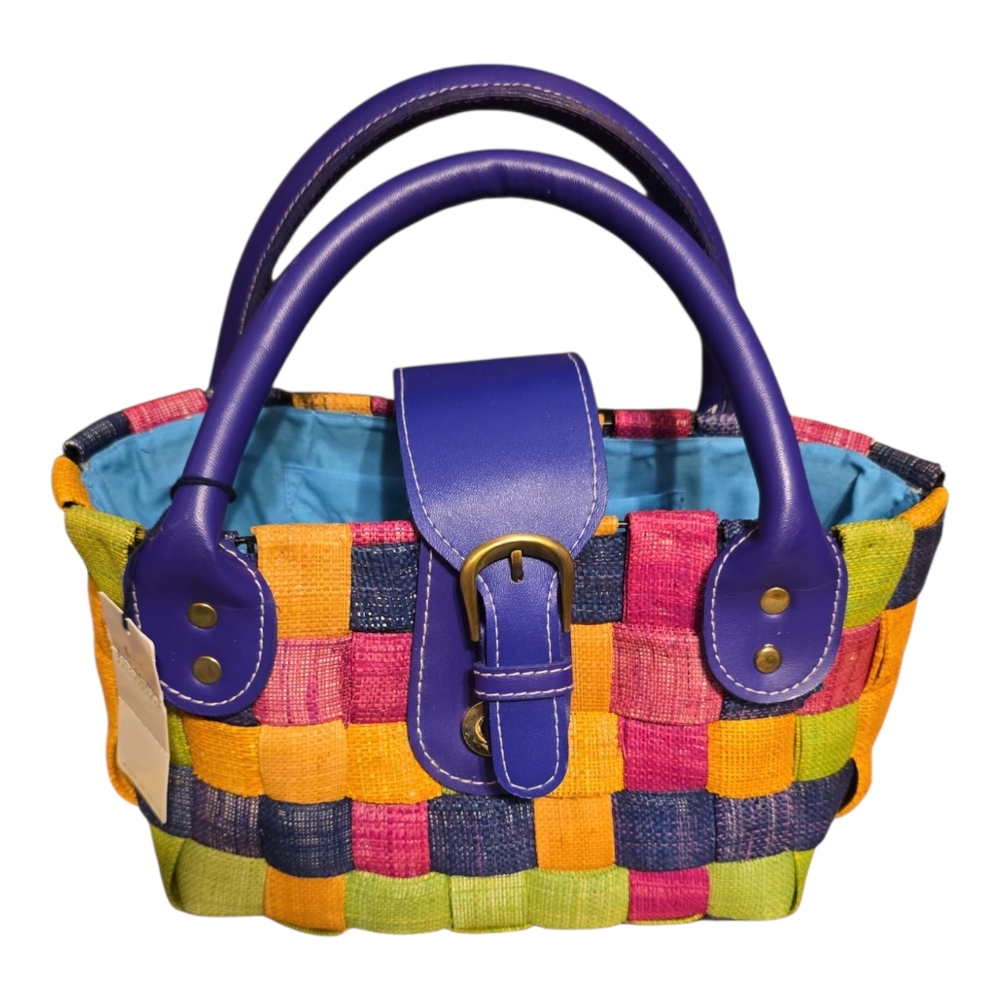 Italian Vintage Purple and Pink Woven Tote Bag with Leather Handles